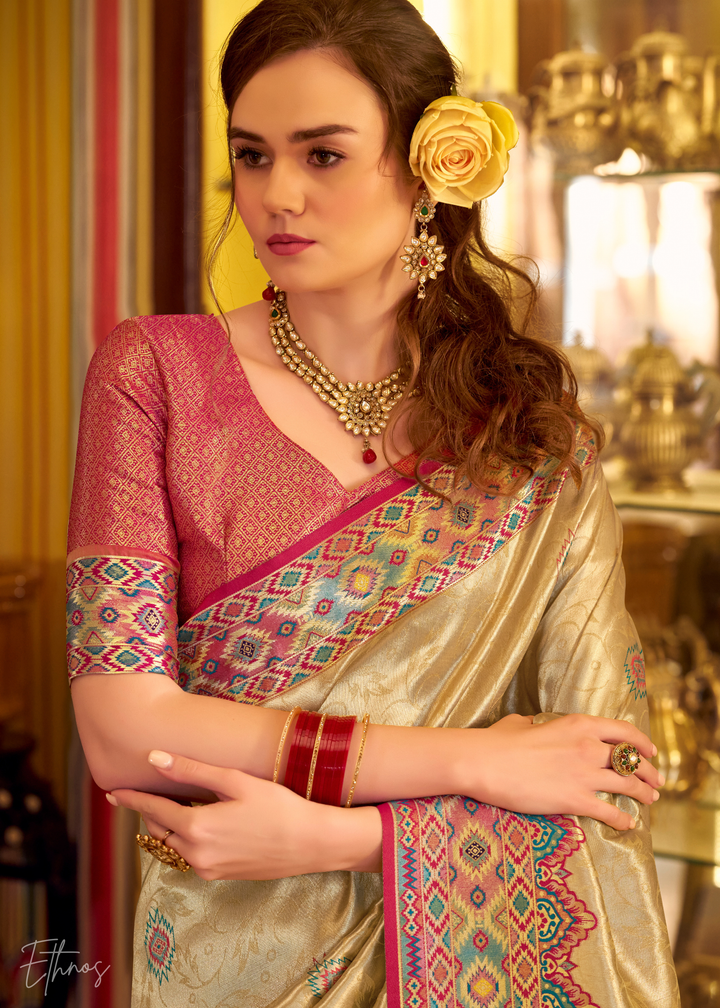 Golden Beige Tissue Patola Silk Saree