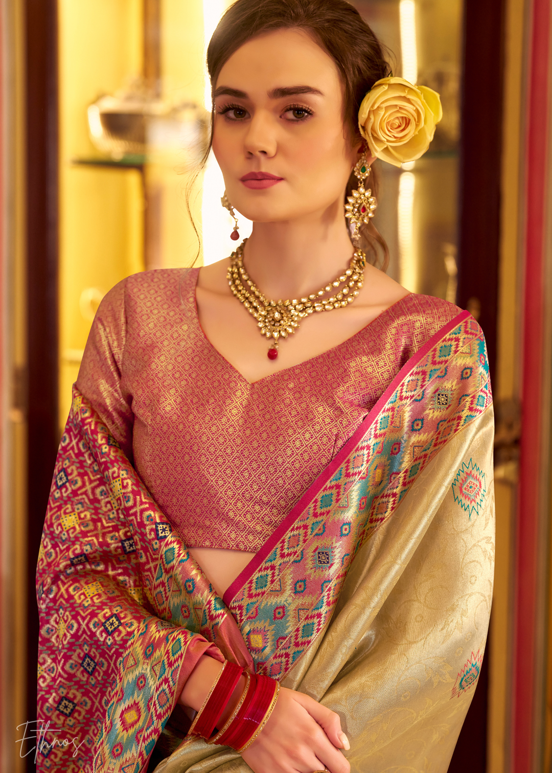 Golden Beige Tissue Patola Silk Saree
