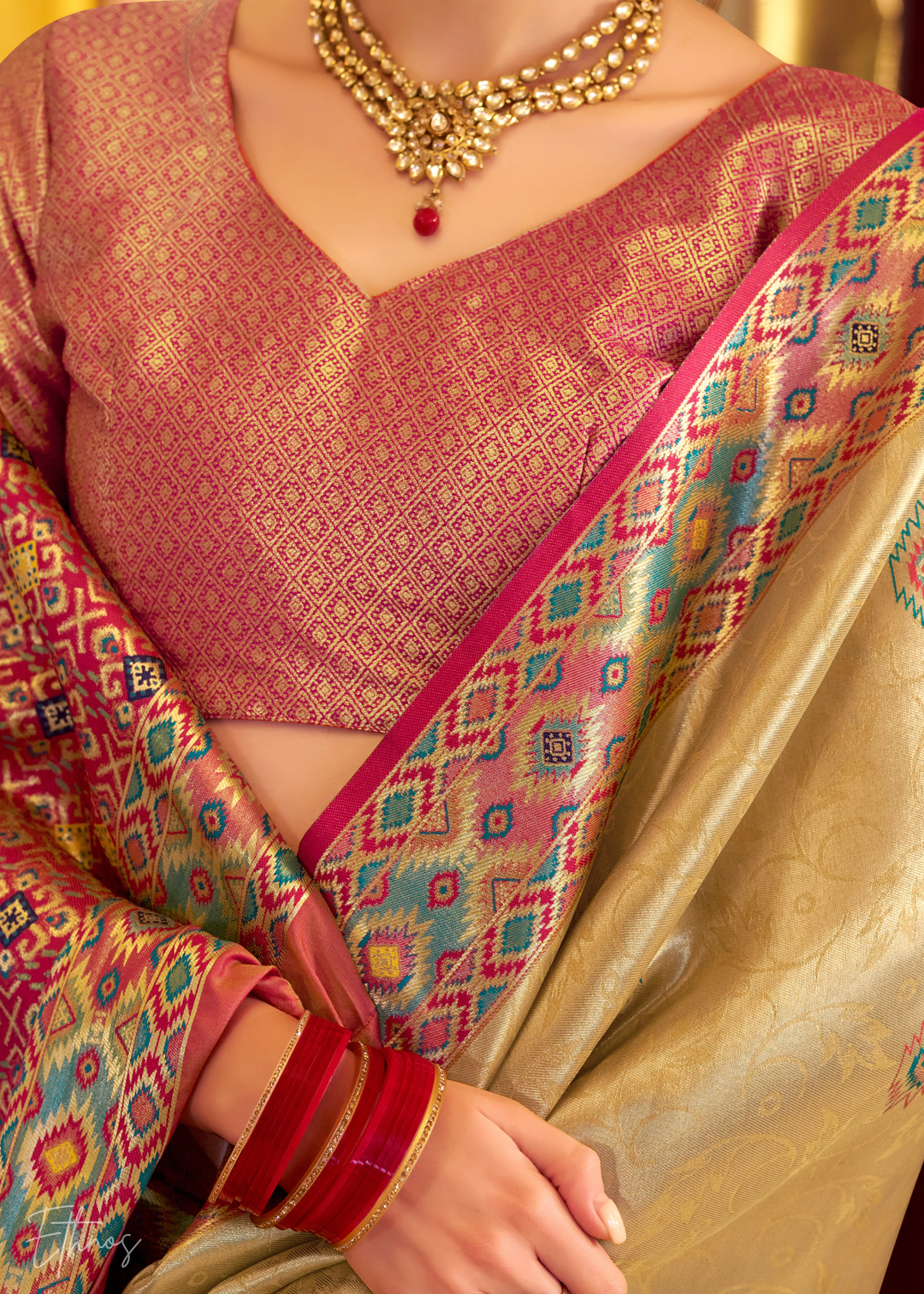 Golden Beige Tissue Patola Silk Saree
