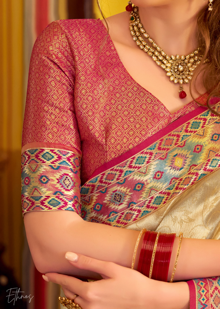 Golden Beige Tissue Patola Silk Saree