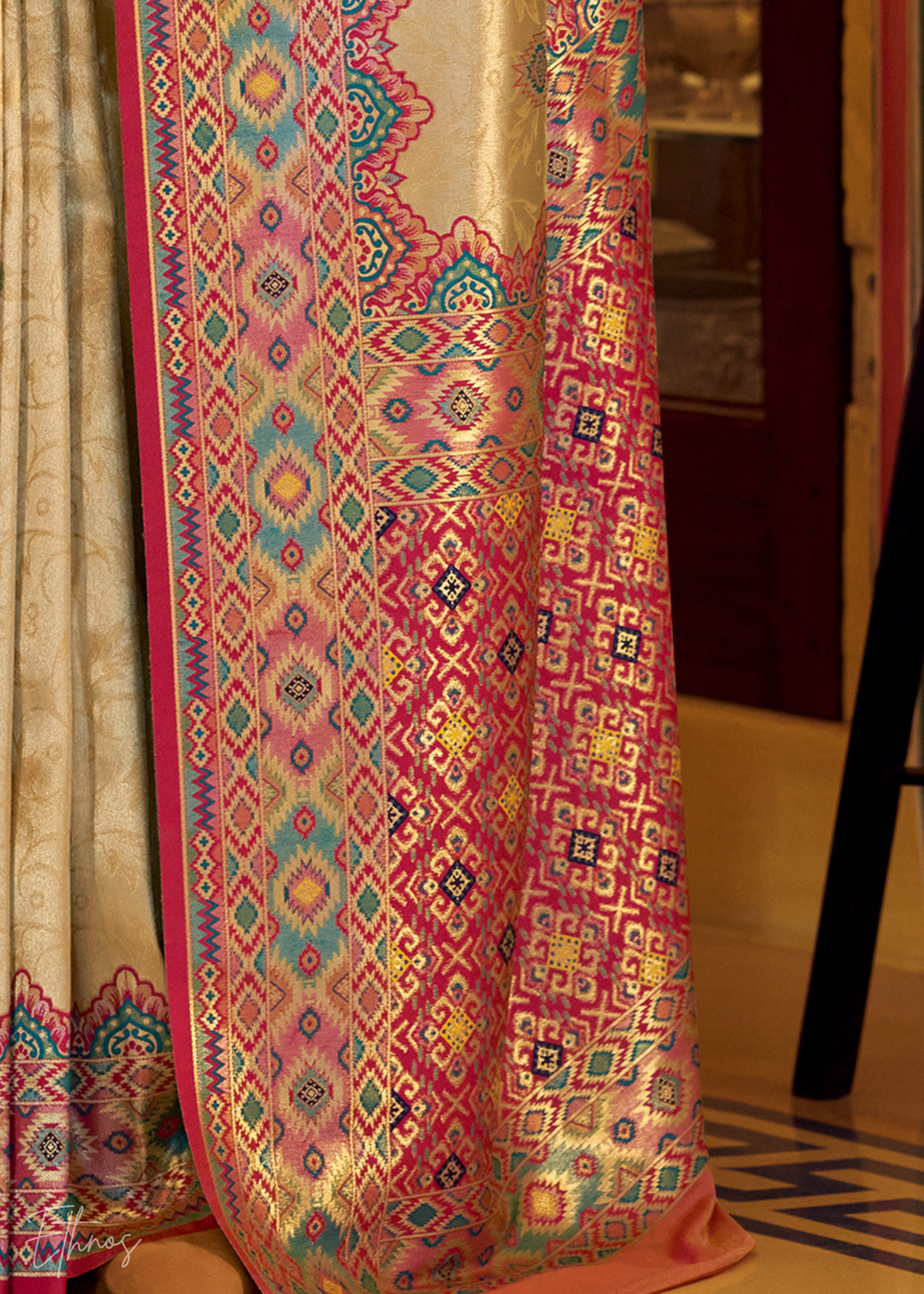 Golden Beige Tissue Patola Silk Saree