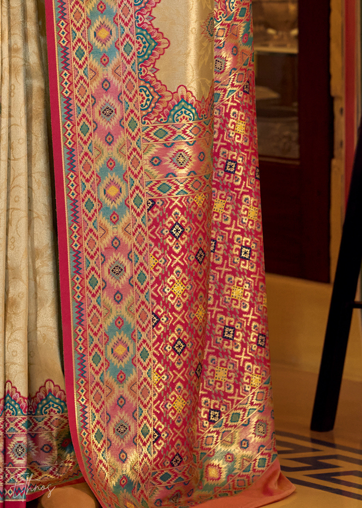Golden Beige Tissue Patola Silk Saree