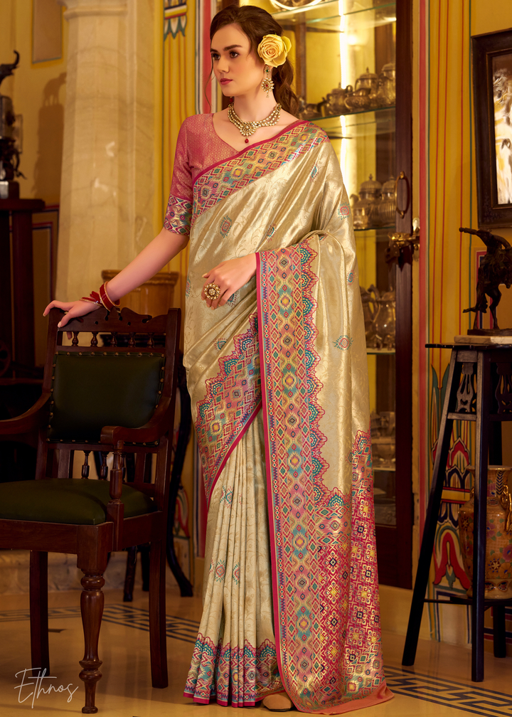 Golden Beige Tissue Patola Silk Saree