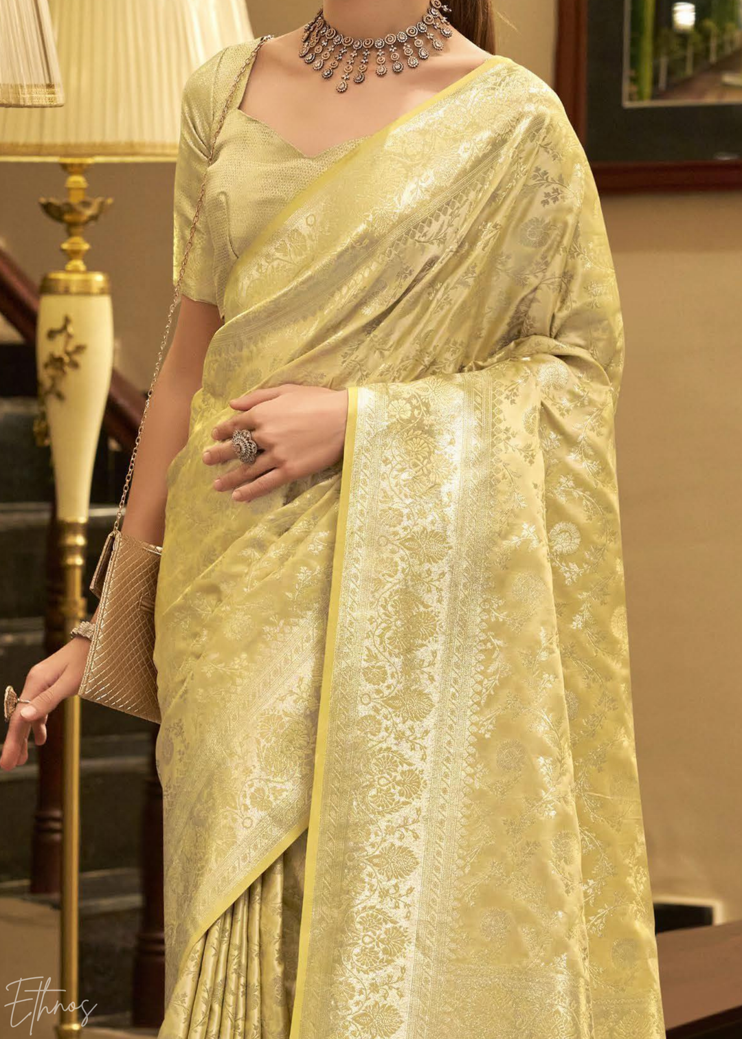 Goldenrod Iridescent Woven Satin Silk Saree