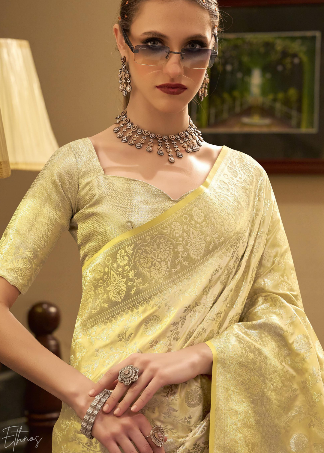 Goldenrod Iridescent Woven Satin Silk Saree