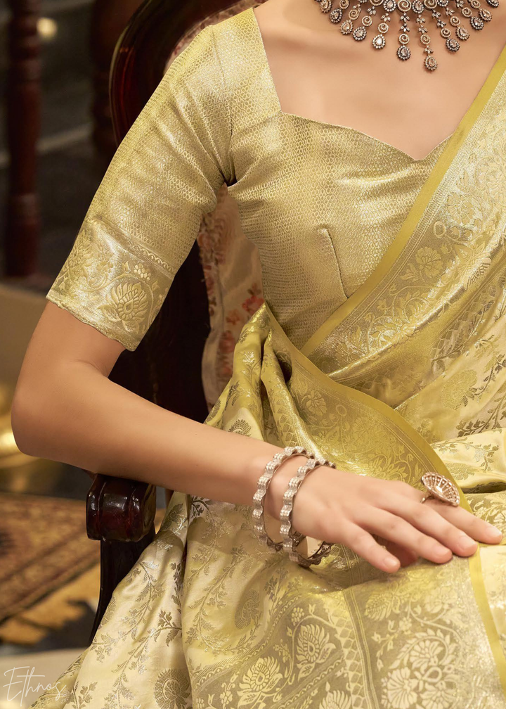 Goldenrod Iridescent Woven Satin Silk Saree