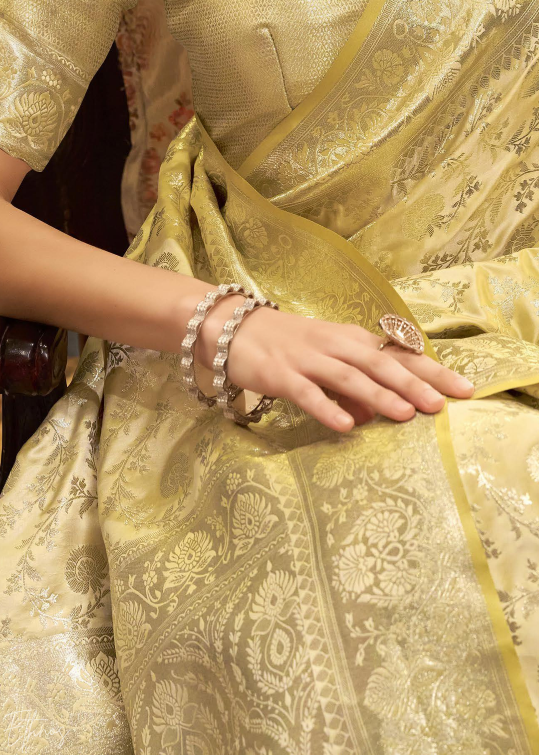 Goldenrod Iridescent Woven Satin Silk Saree