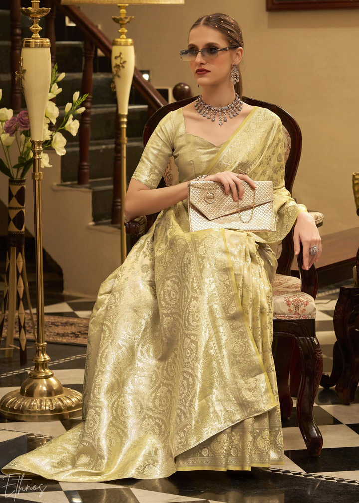 Goldenrod Iridescent Woven Satin Silk Saree