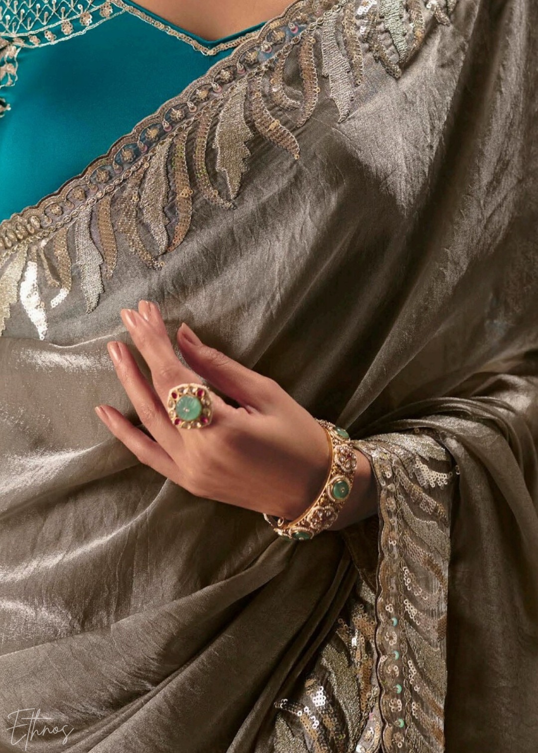 Gray Sequins Organza Saree