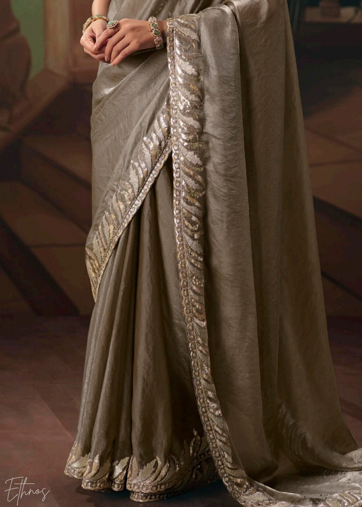 Gray Sequins Organza Saree