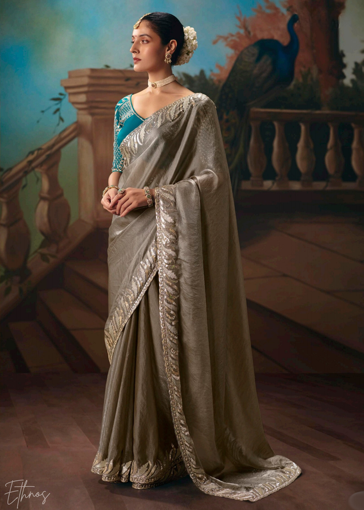 Gray Sequins Organza Saree