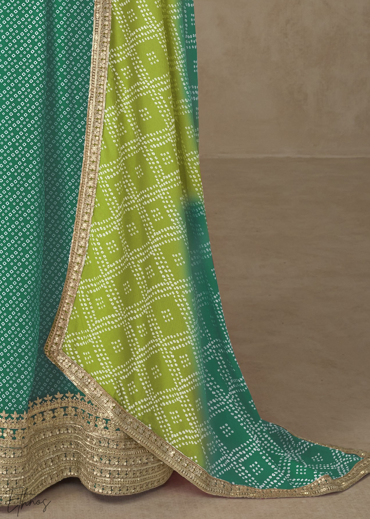 Teal Green Bandhani Chinon Gown Set