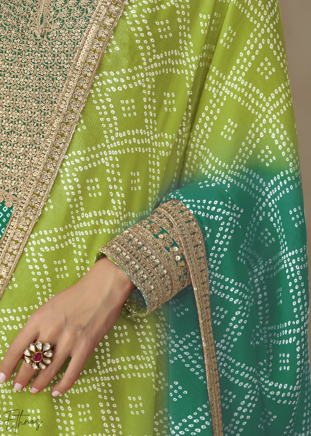 Teal Green Bandhani Chinon Gown Set