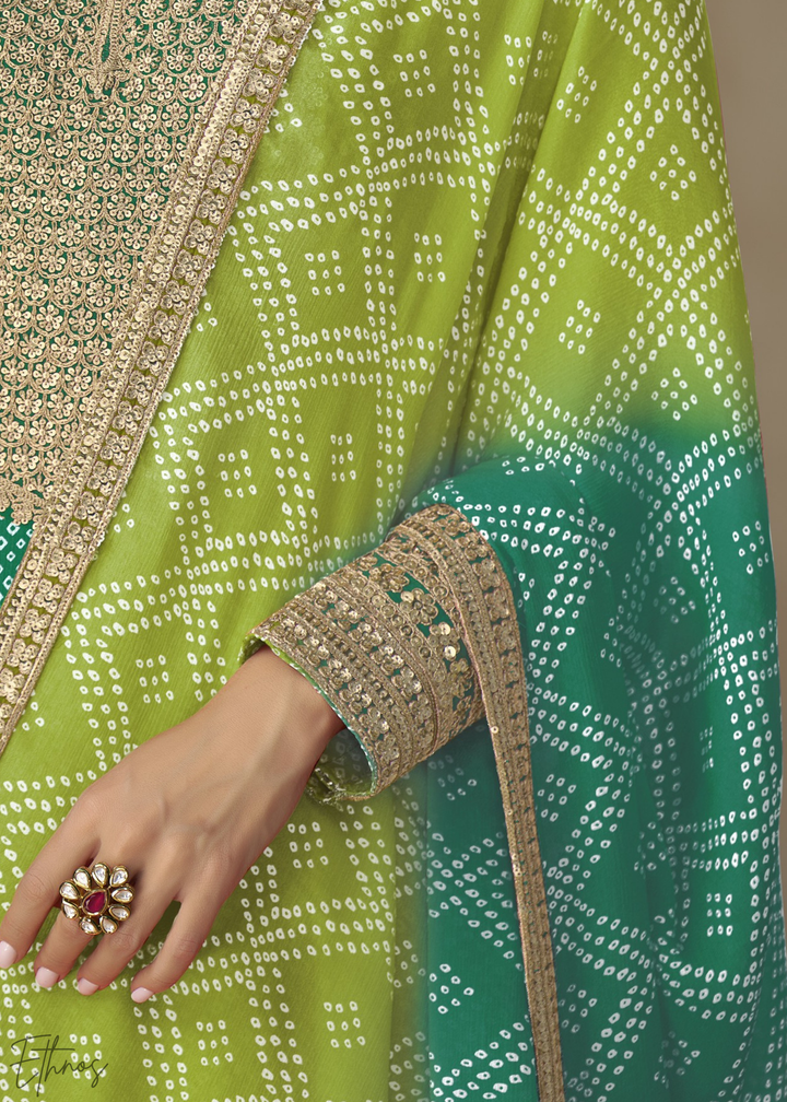 Teal Green Bandhani Chinon Gown Set