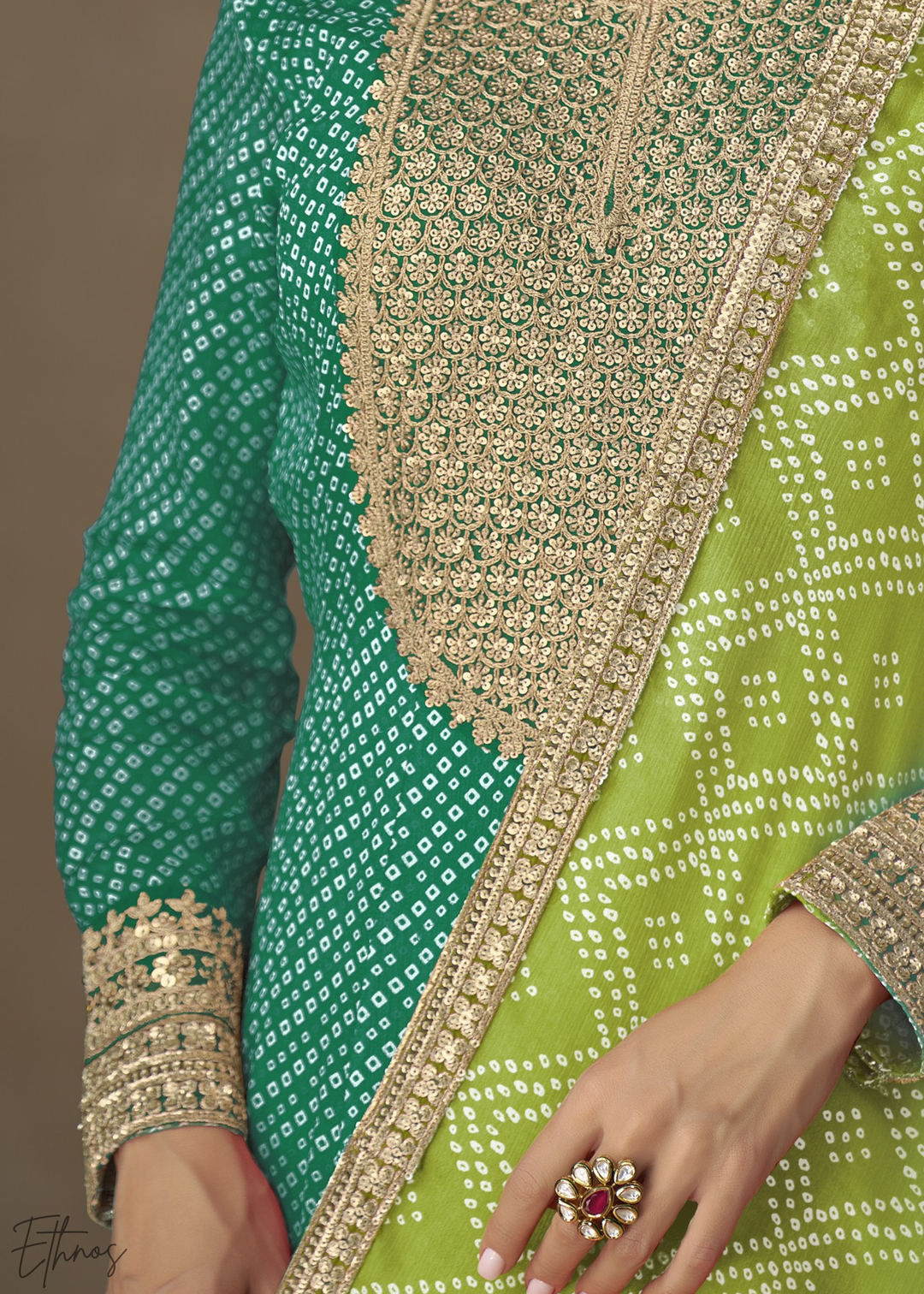 Teal Green Bandhani Chinon Gown Set