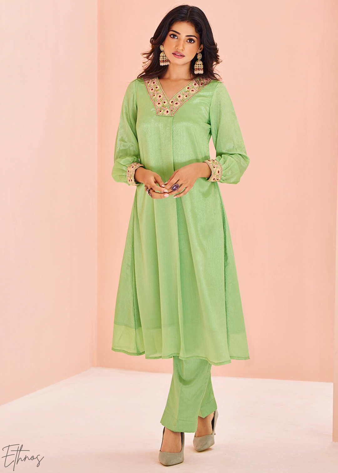 Light Green Chinon Embroidered Kurta Palazzo Set