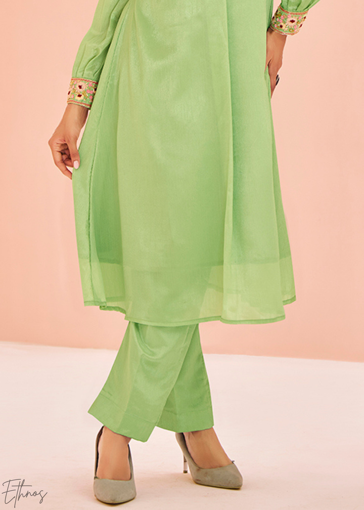 Light Green Chinon Embroidered Kurta Palazzo Set