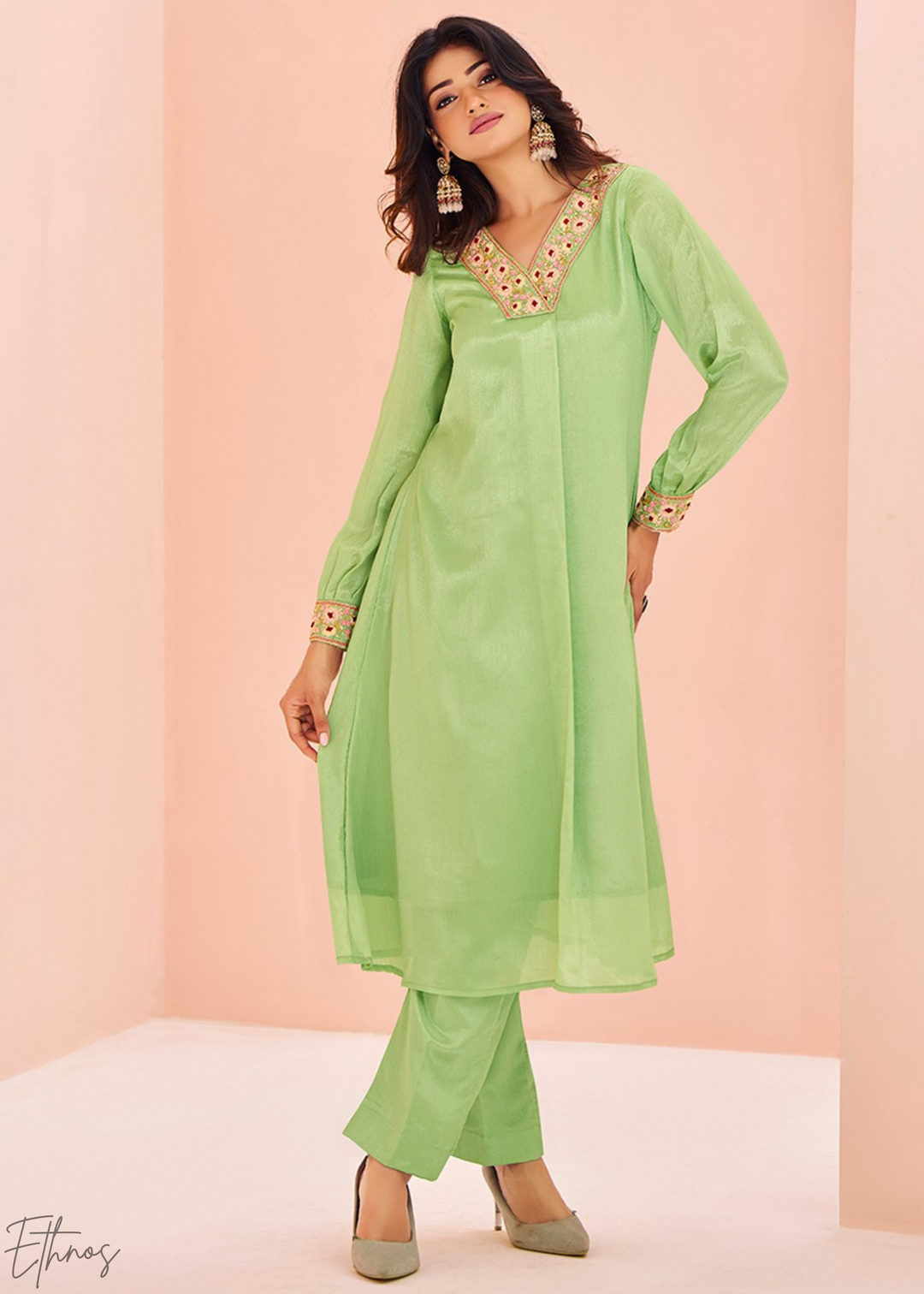 Light Green Chinon Embroidered Kurta Palazzo Set