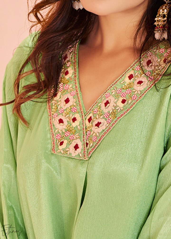 Light Green Chinon Embroidered Kurta Palazzo Set