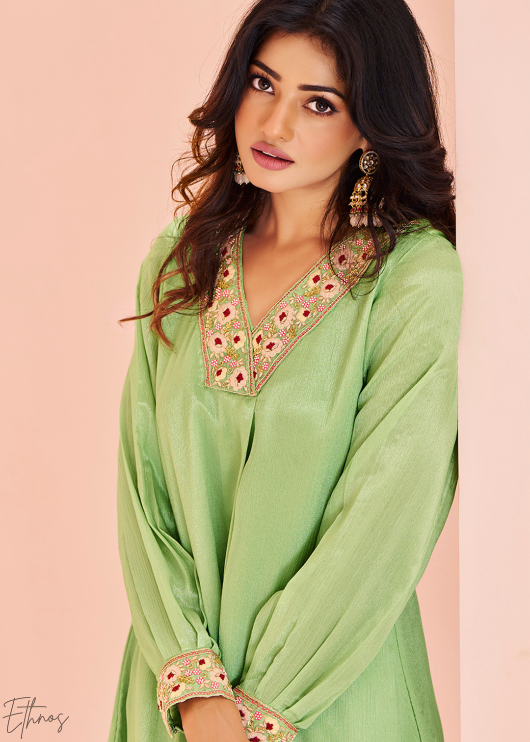 Light Green Chinon Embroidered Kurta Palazzo Set