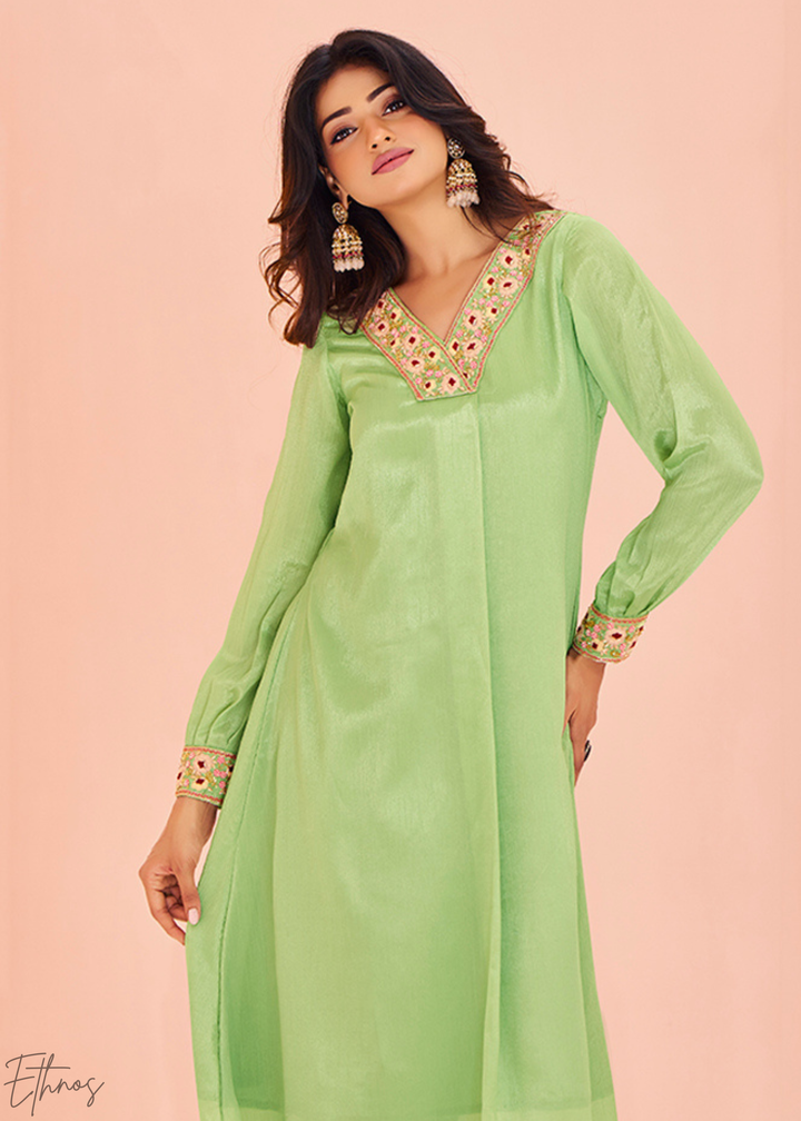 Light Green Chinon Embroidered Kurta Palazzo Set