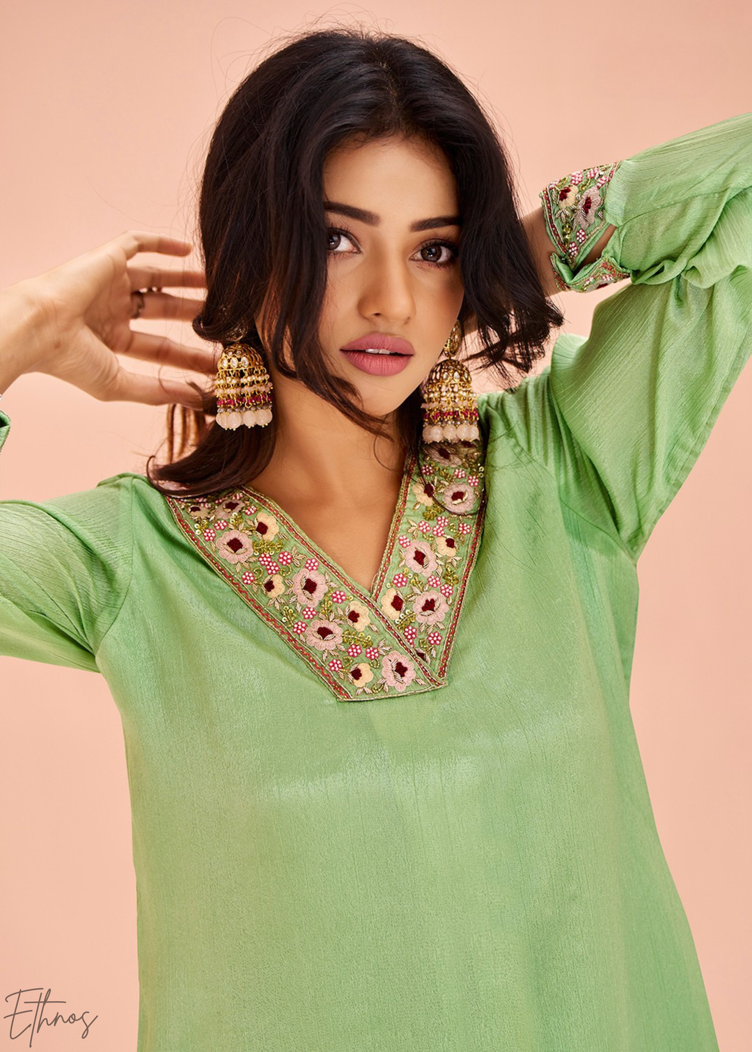 Light Green Chinon Embroidered Kurta Palazzo Set