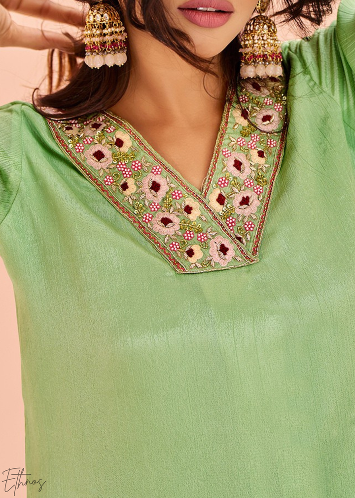 Light Green Chinon Embroidered Kurta Palazzo Set