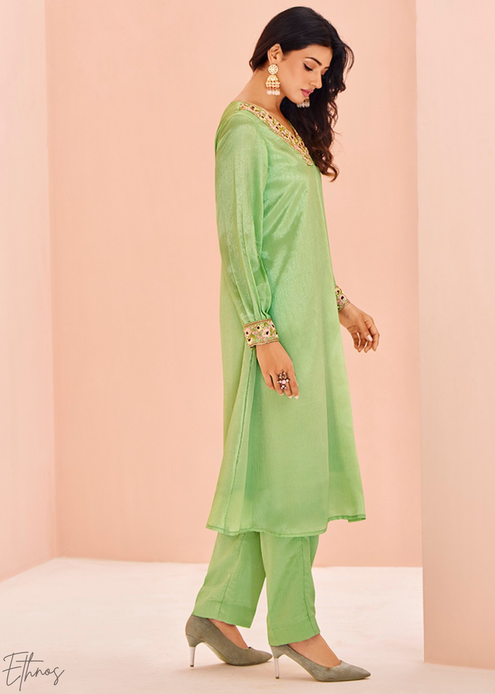 Light Green Chinon Embroidered Kurta Palazzo Set
