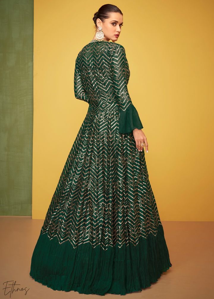 Green Gilded Silk Jacket Gown Set