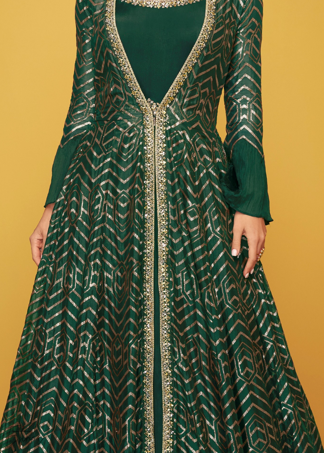 Green Gilded Silk Jacket Gown Set