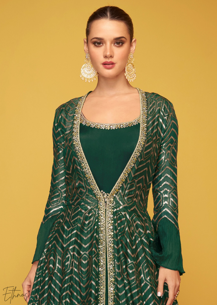 Green Gilded Silk Jacket Gown Set