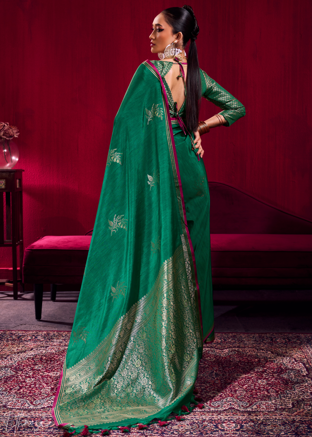 Green Lotus Zari Satin Linen Silk Saree