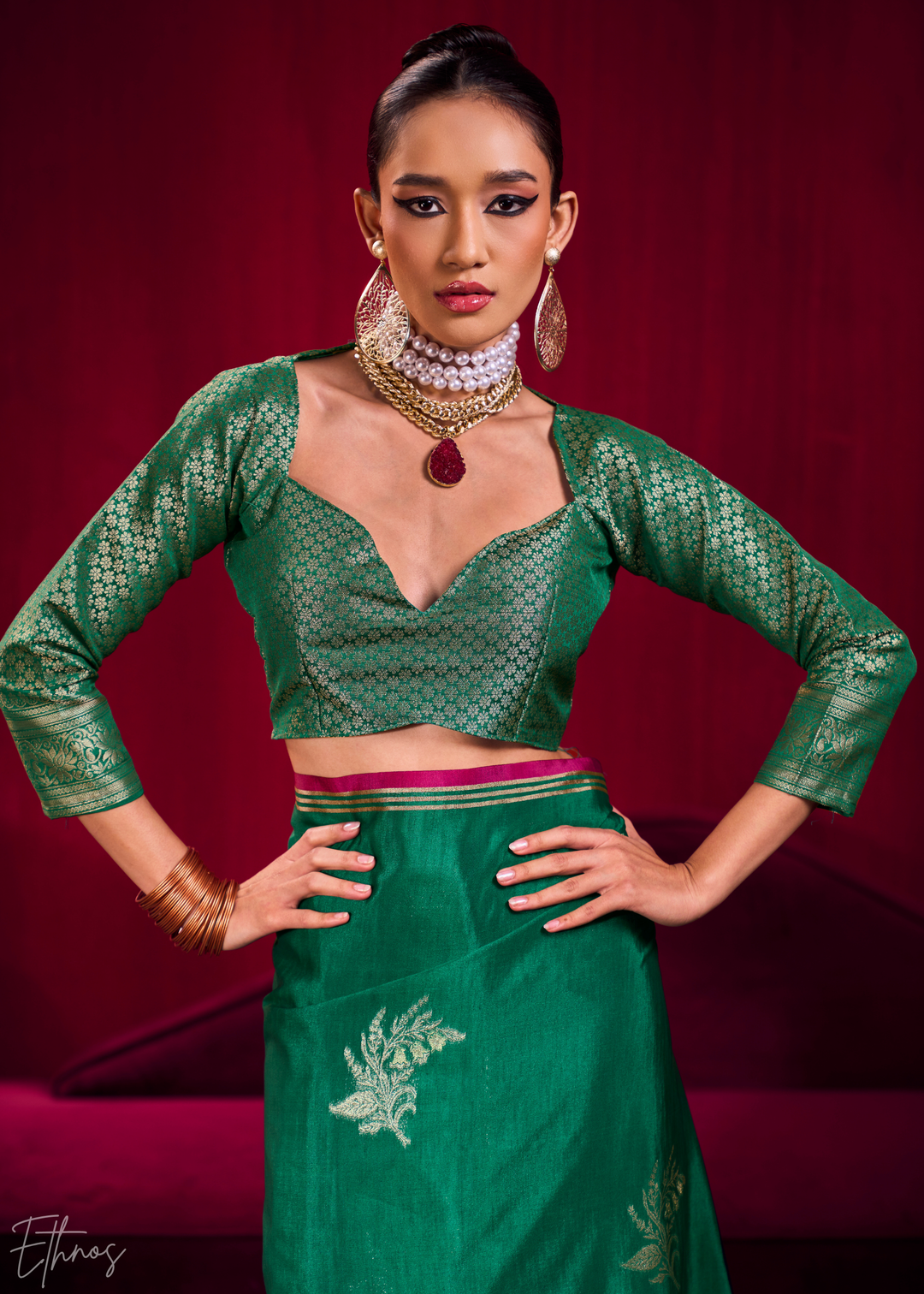 Green Lotus Zari Satin Linen Silk Saree