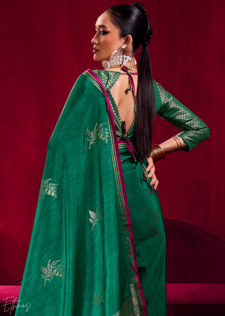Green Lotus Zari Satin Linen Silk Saree