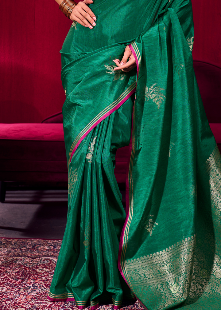 Green Lotus Zari Satin Linen Silk Saree