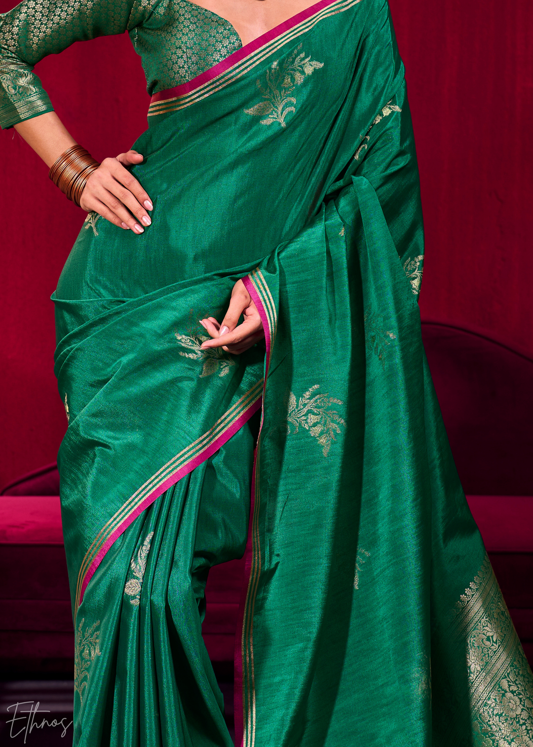 Green Lotus Zari Satin Linen Silk Saree