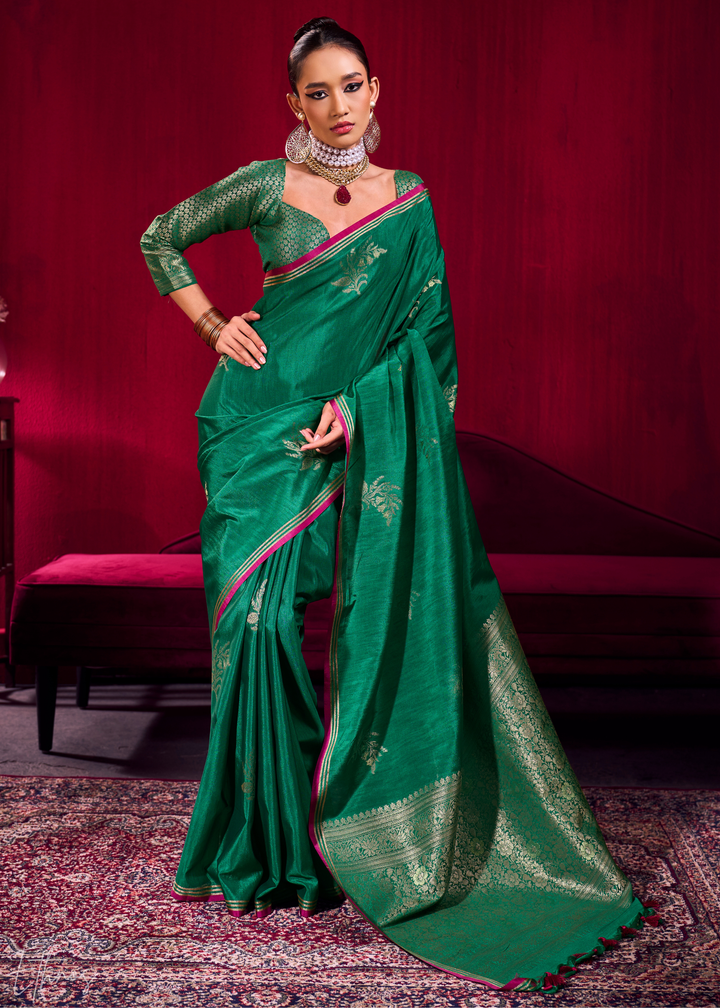Green Lotus Zari Satin Linen Silk Saree