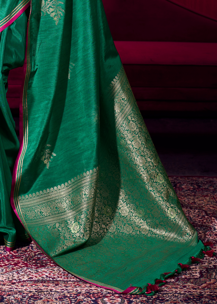 Green Lotus Zari Satin Linen Silk Saree