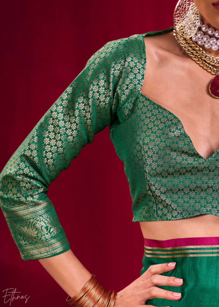 Green Lotus Zari Satin Linen Silk Saree