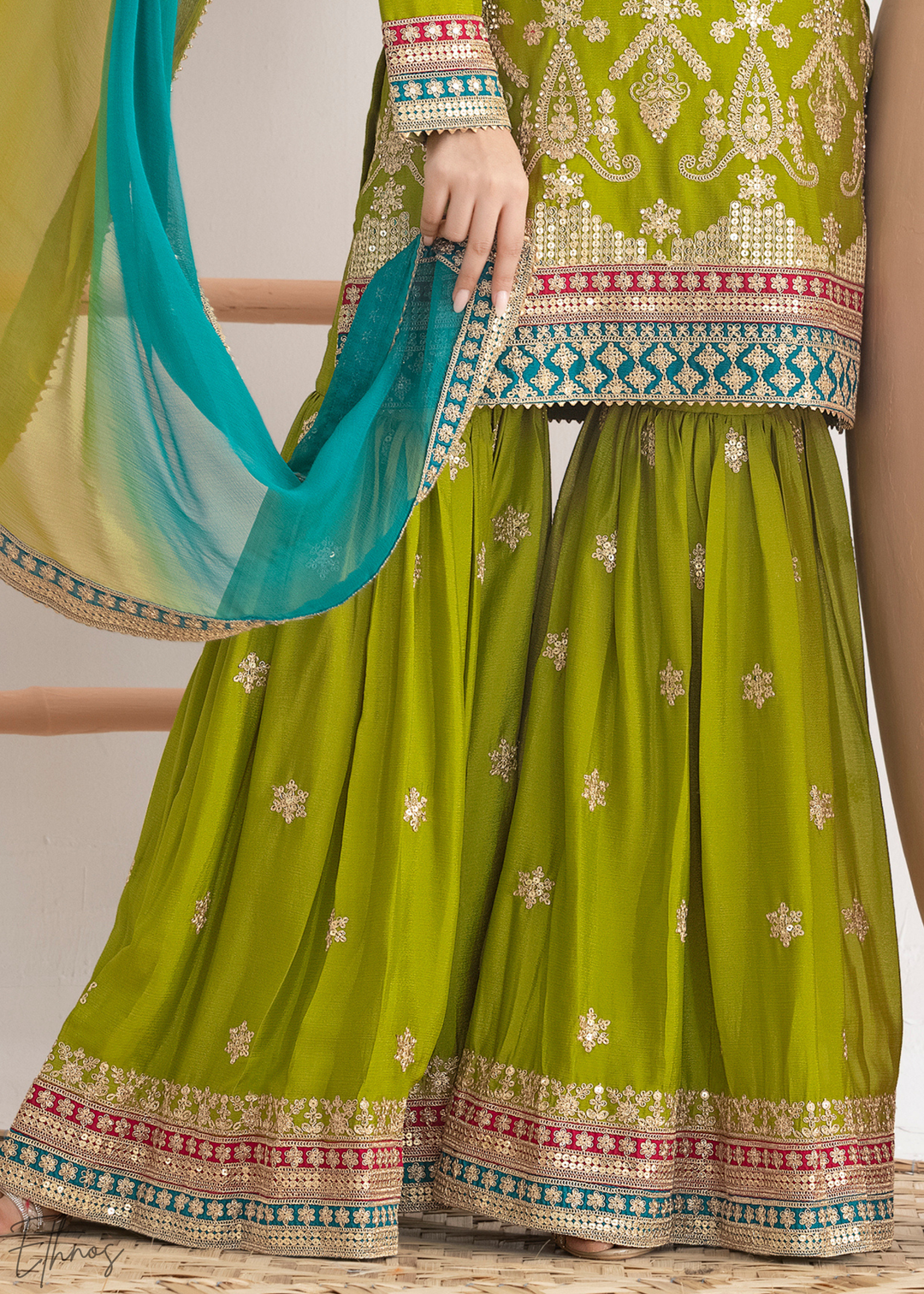 Lime Green Multi-Color Embroidered Chinon Sharara Suit
