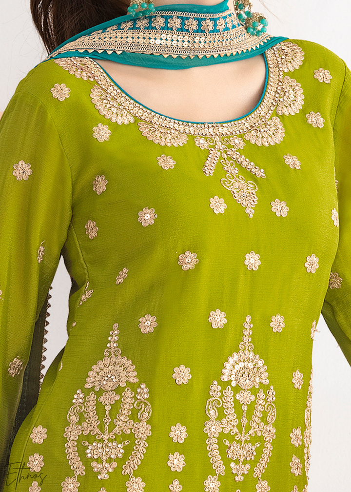 Lime Green Multi-Color Embroidered Chinon Sharara Suit