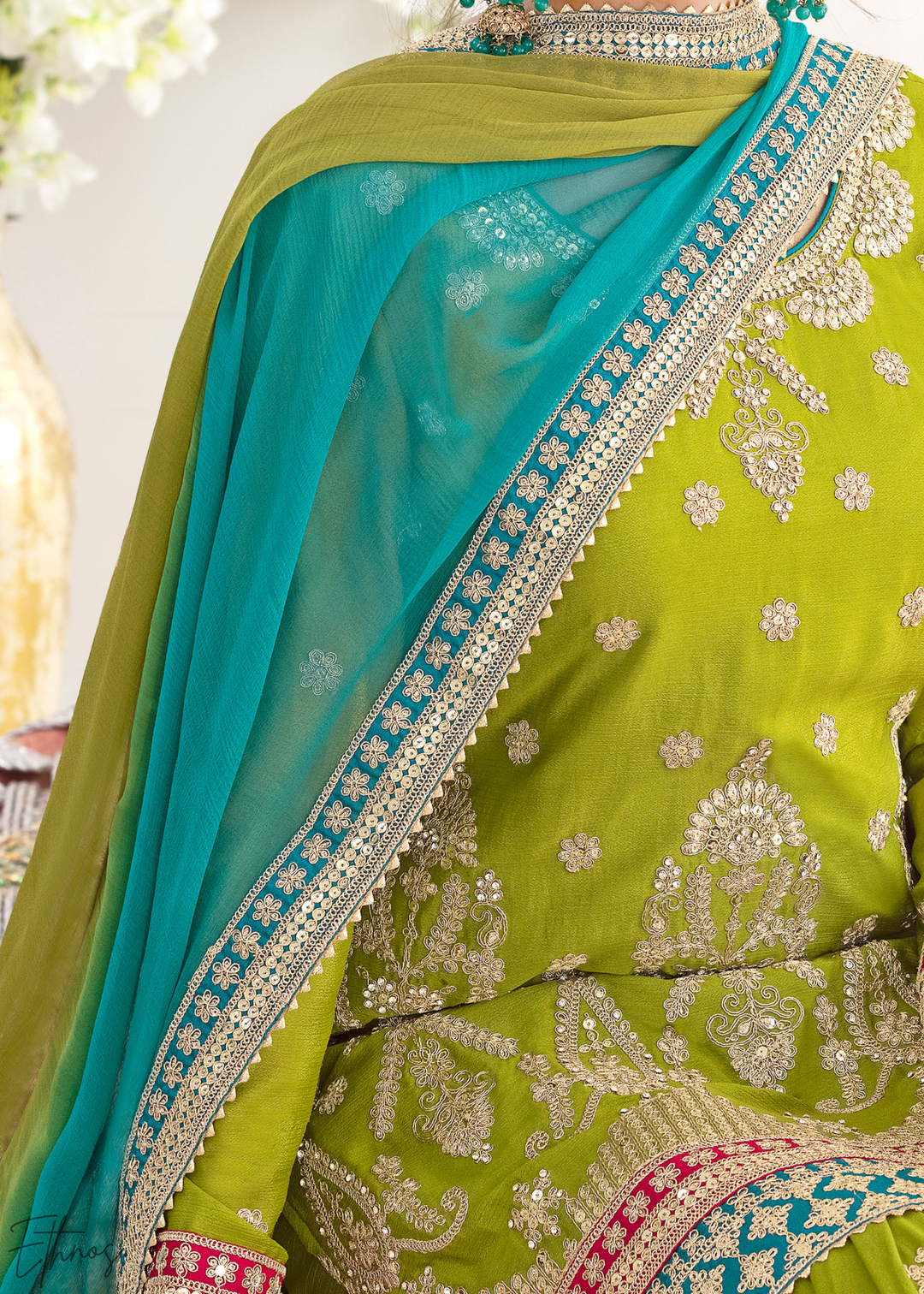 Lime Green Multi-Color Embroidered Chinon Sharara Suit