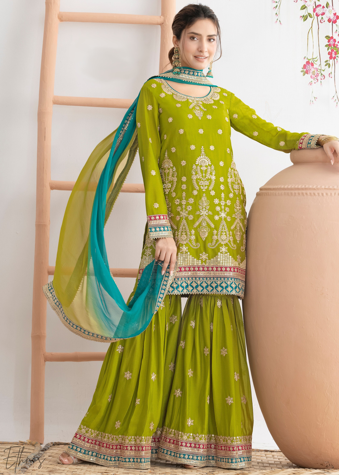 Lime Green Multi-Color Embroidered Chinon Sharara Suit