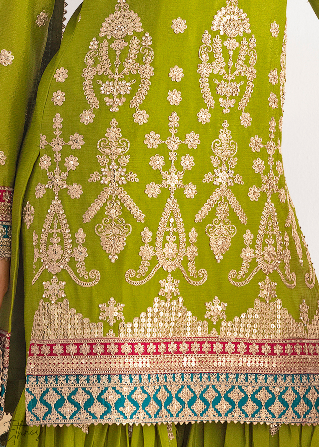 Lime Green Multi-Color Embroidered Chinon Sharara Suit