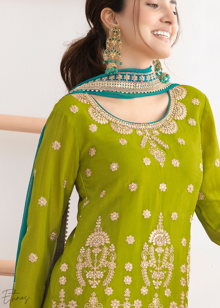 Lime Green Multi-Color Embroidered Chinon Sharara Suit