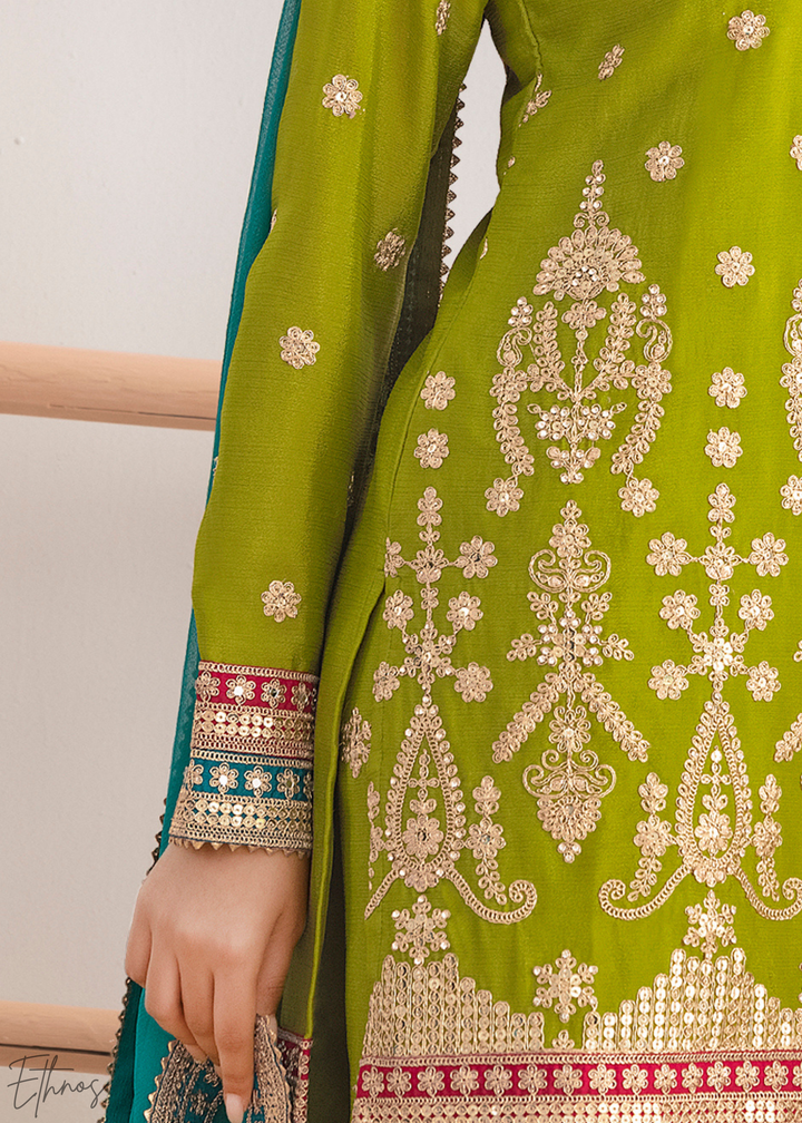 Lime Green Multi-Color Embroidered Chinon Sharara Suit