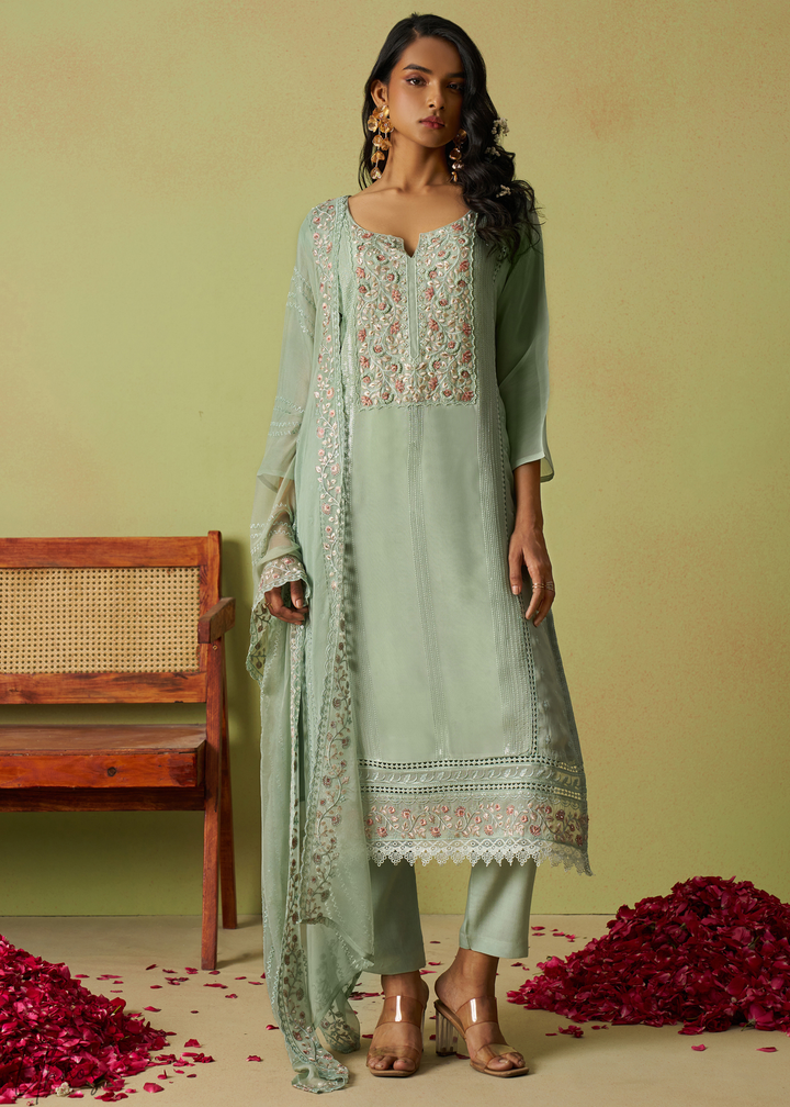 Green Meadow Embroidered Organza Palazzo Suit