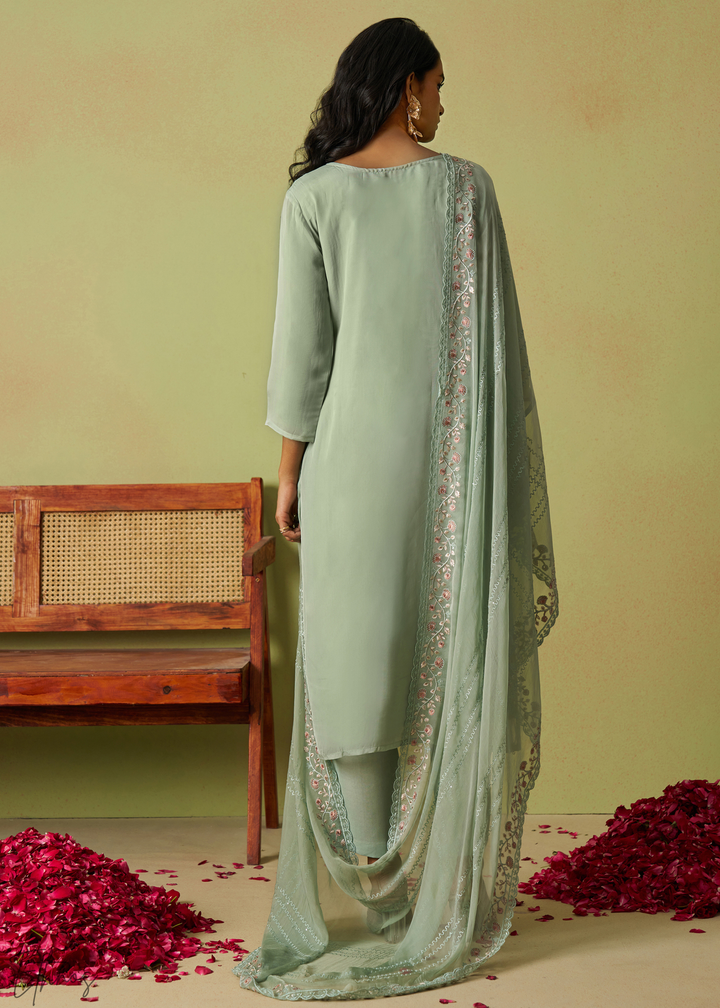 Green Meadow Embroidered Organza Palazzo Suit