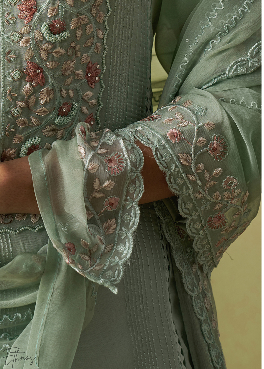 Green Meadow Embroidered Organza Palazzo Suit