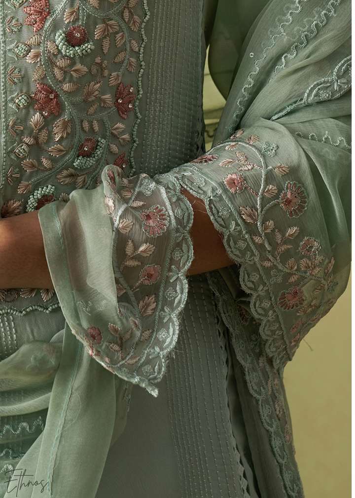 Green Meadow Embroidered Organza Palazzo Suit